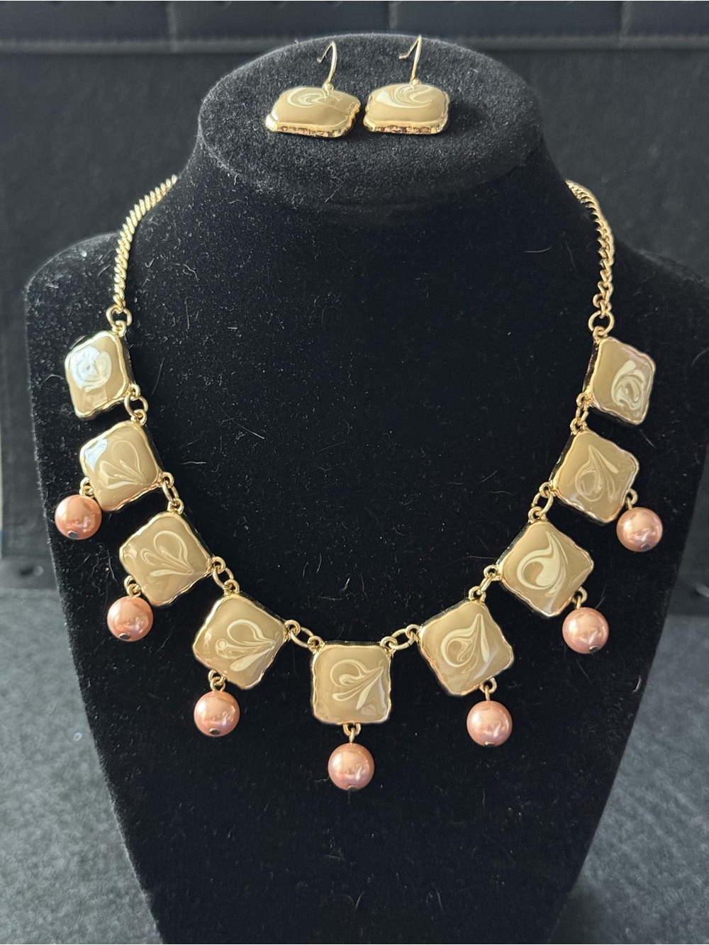Ella Gold Tone Necklace with Peach Pearl Accents